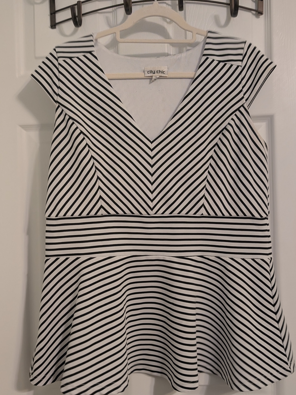 City Chic Black & White Striped V-Neck Fit-and-Flare Top